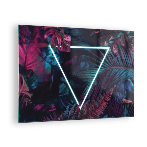Impression sur verre - Image sur verre - Un triangle néon entouré de plantes tropicales dans des tons de rose et de bleu. - 70x50cm - Jardin de style disco - Décoration murale moderne pour le salon et la chambre ARTTOR