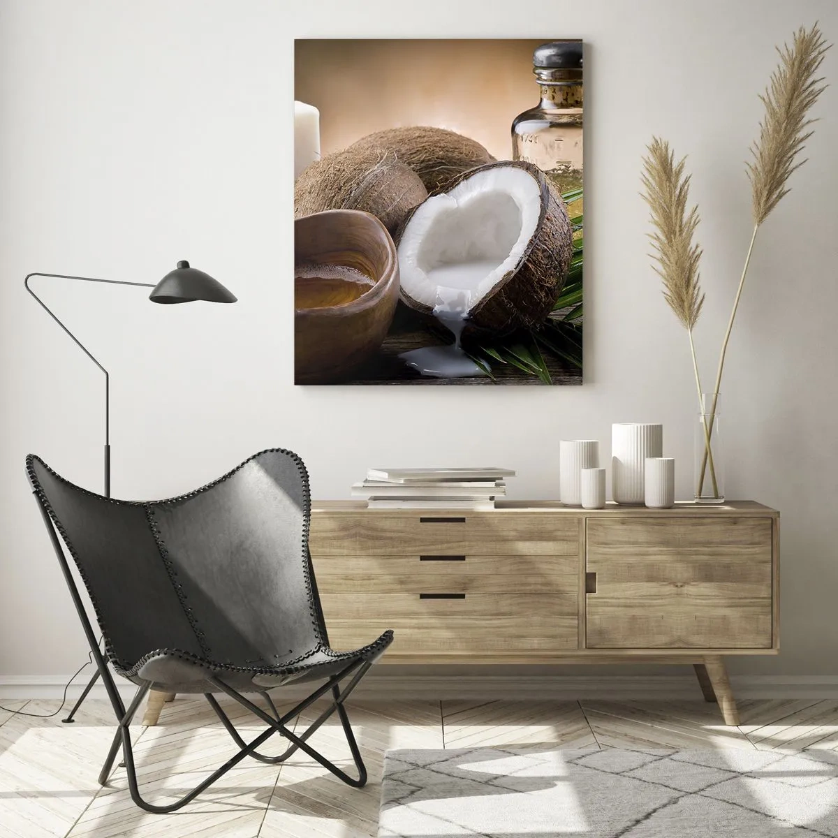 Impression sur verre - Image sur verre - Ingrédients naturels avec de la noix de coco et de l'huile sur un fond en bois - 50x70cm - Santé des îles tropicales - Décoration murale moderne pour le salon et la chambre ARTTOR