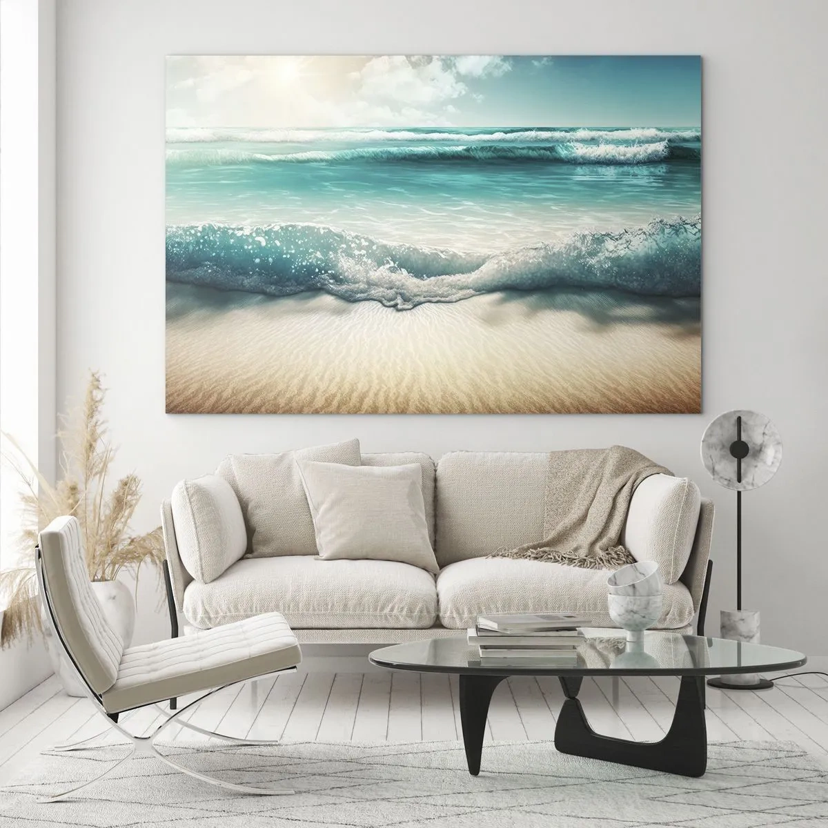 Impression sur verre - Image sur verre - Vagues turquoise de l'océan venant lécher une plage de sable - 70x50cm - La paix de l'océan - Décoration murale moderne pour le salon et la chambre ARTTOR