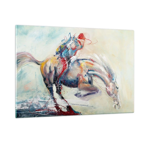 Impression sur verre - Image sur verre - Une image abstraite d'un cheval en mouvement dynamique. - 120x80cm - Accrochez-vous, nous décollons - Décoration murale moderne pour le salon et la chambre ARTTOR