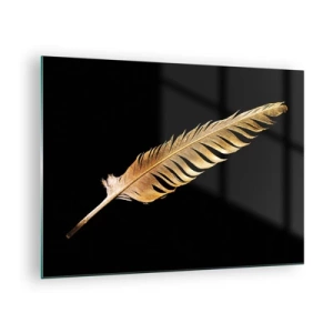 Impression sur verre - Image sur verre - Une plume dorée sur fond noir dans un style minimaliste - 70x50cm - Sans porte-plume - Décoration murale moderne pour le salon et la chambre ARTTOR