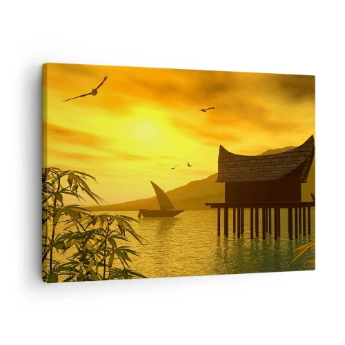Impression sur toile - Image sur toile - Coucher de soleil tropical sur l'eau avec une maison en bois sur pilotis. - 70x50cm - La paix tant désirée - Décoration murale moderne pour le salon et la chambre ARTTOR