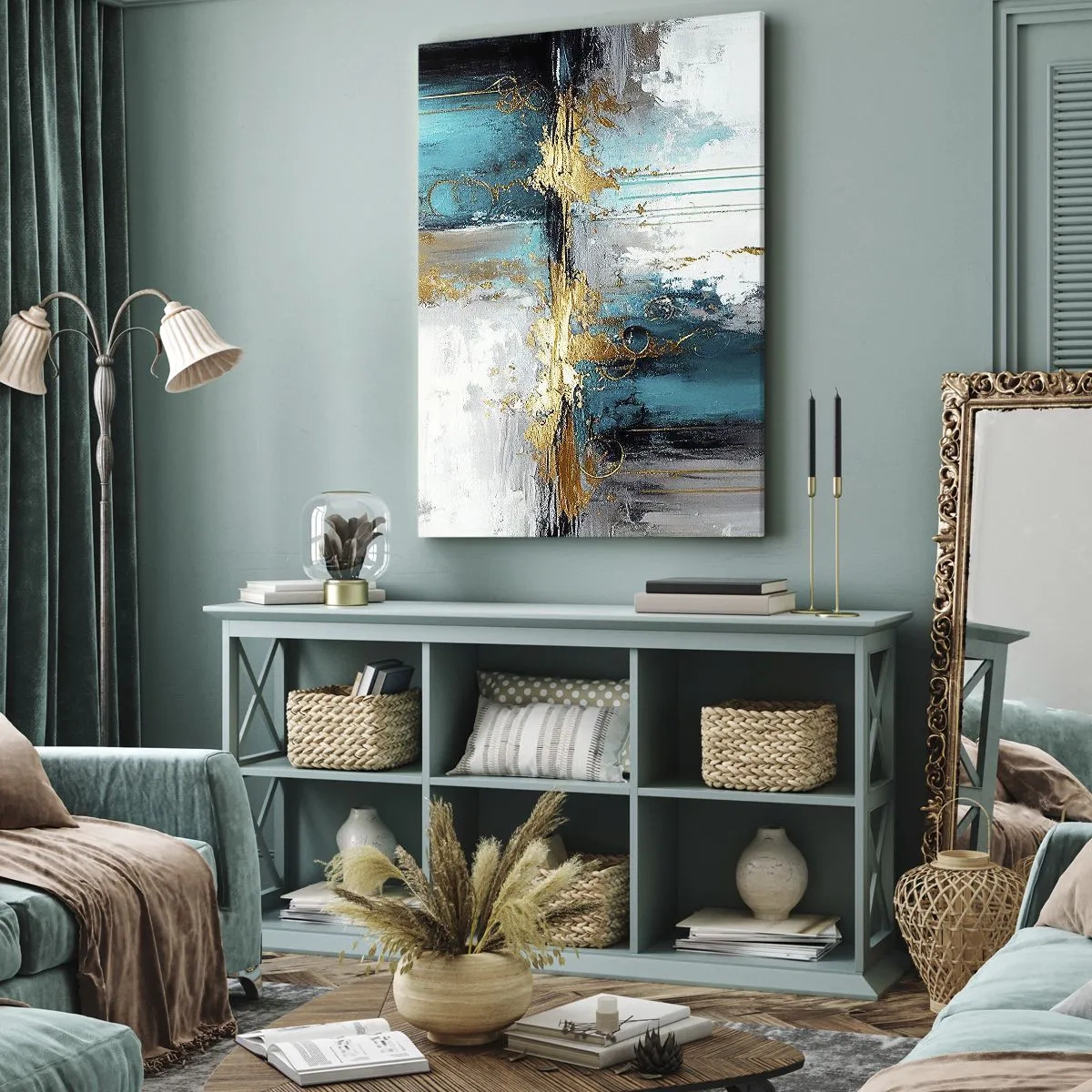 Impression sur toile - Image sur toile - Une composition abstraite aux accents turquoise et dorés. - 70x100cm - Tout coule - Décoration murale moderne pour le salon et la chambre ARTTOR