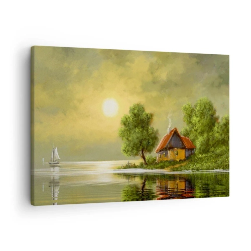 Impression sur toile - Image sur toile - Maison au bord du lac dans la lumière du coucher du soleil - 70x50cm - Beau, comme une image - Décoration murale moderne pour le salon et la chambre ARTTOR