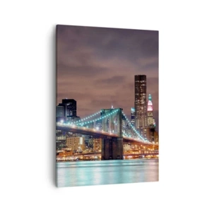 Impression sur toile - Image sur toile - Le pont illuminé la nuit sur fond de panorama urbain moderne - 50x70cm - Lumières des grandes villes - Décoration murale moderne pour le salon et la chambre ARTTOR