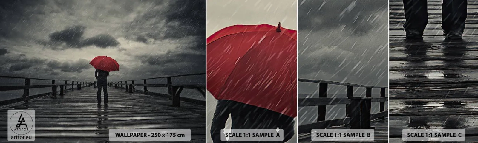 Échantillon De Papier Peint Standard Eco - Peu importe qu'il pleuve - Jetée en bois, Mer, Marcher sous la pluie - 100x30 cm