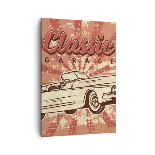 Impression sur toile - Image sur toile - Affiche rétro avec une voiture classique et les mots Classic Garage - 50x70cm - Et à la radio, Elvis - Décoration murale moderne pour le salon et la chambre ARTTOR