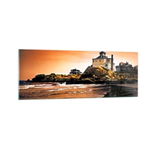 Impression sur verre - Image sur verre - Une maison sur un rocher près de la plage au coucher du soleil avec son reflet dans l'eau - 140x50cm - L'élégance de la côte ouest - Décoration murale moderne pour le salon et la chambre ARTTOR