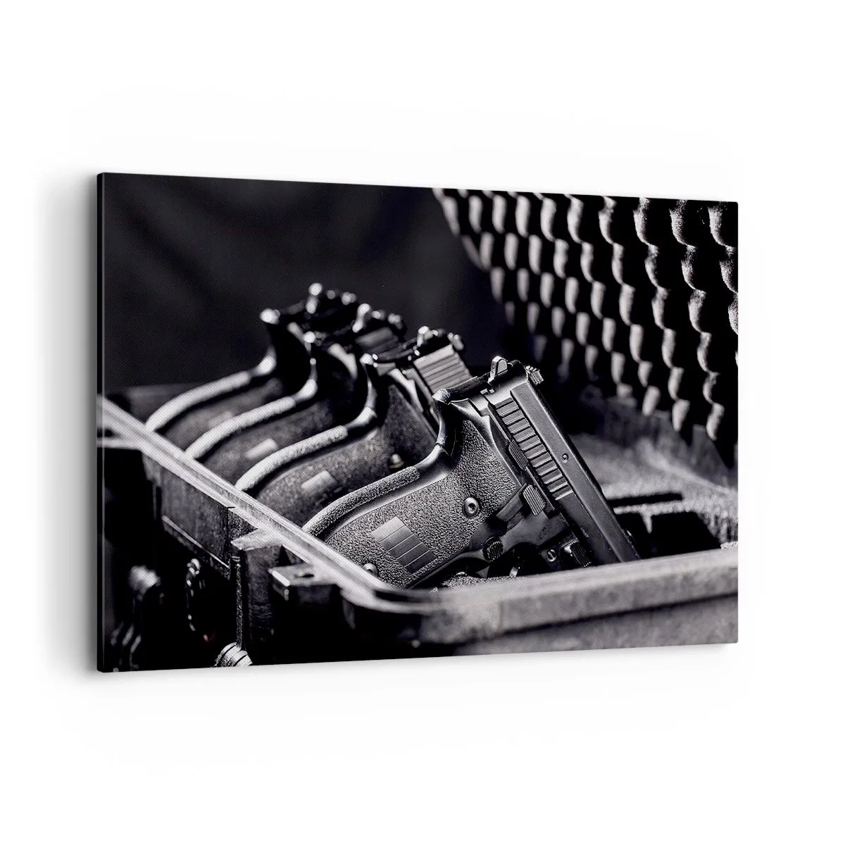 Impression sur toile - Image sur toile - Une image en noir et blanc d'une pile d'armes dans une valise. - 120x80cm - Sport masculin - Décoration murale moderne pour le salon et la chambre ARTTOR