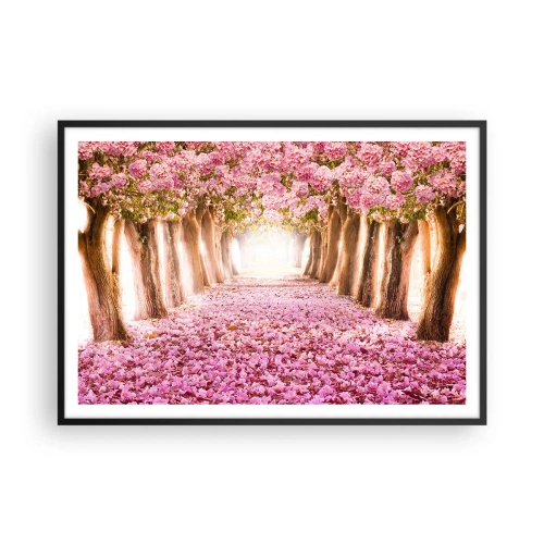 Affiche dans un cadre noir - Poster - Une avenue d'arbres fleuris aux tons roses - 100x70cm - La route du paradis - Décoration murale moderne pour le salon et la chambre ARTTOR