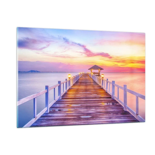 Impression sur verre - Image sur verre - Jetée en bois au coucher du soleil sur une mer calme - 120x80cm - Le silence lilas-doré du soir - Décoration murale moderne pour le salon et la chambre ARTTOR