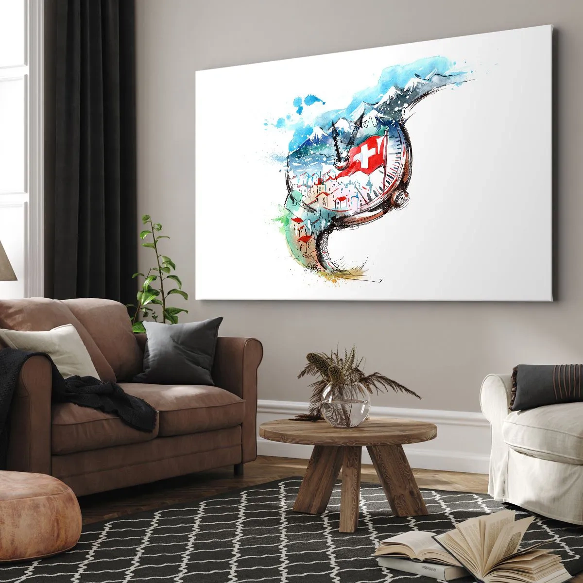 Impression sur toile - Image sur toile - Un paysage aquarelle de la Suisse dans un design d'horlogerie - 70x50cm - L'esprit de la Suisse - Décoration murale moderne pour le salon et la chambre ARTTOR