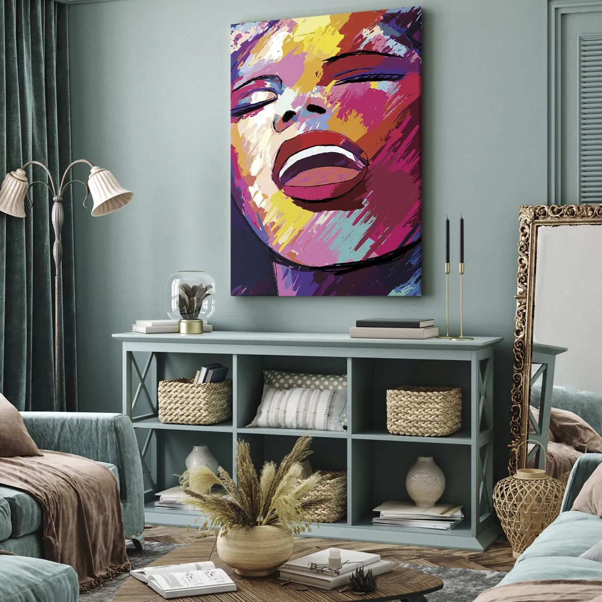 Impression sur toile - Image sur toile - Portrait abstrait d'une femme aux couleurs vives - 70x100cm - Chante toute ma vie - Décoration murale moderne pour le salon et la chambre ARTTOR