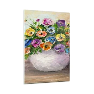 Impression sur verre - Image sur verre - Un bouquet de fleurs colorées dans un vase blanc - 80x120cm - Nature morte dans un vase blanc - Décoration murale moderne pour le salon et la chambre ARTTOR