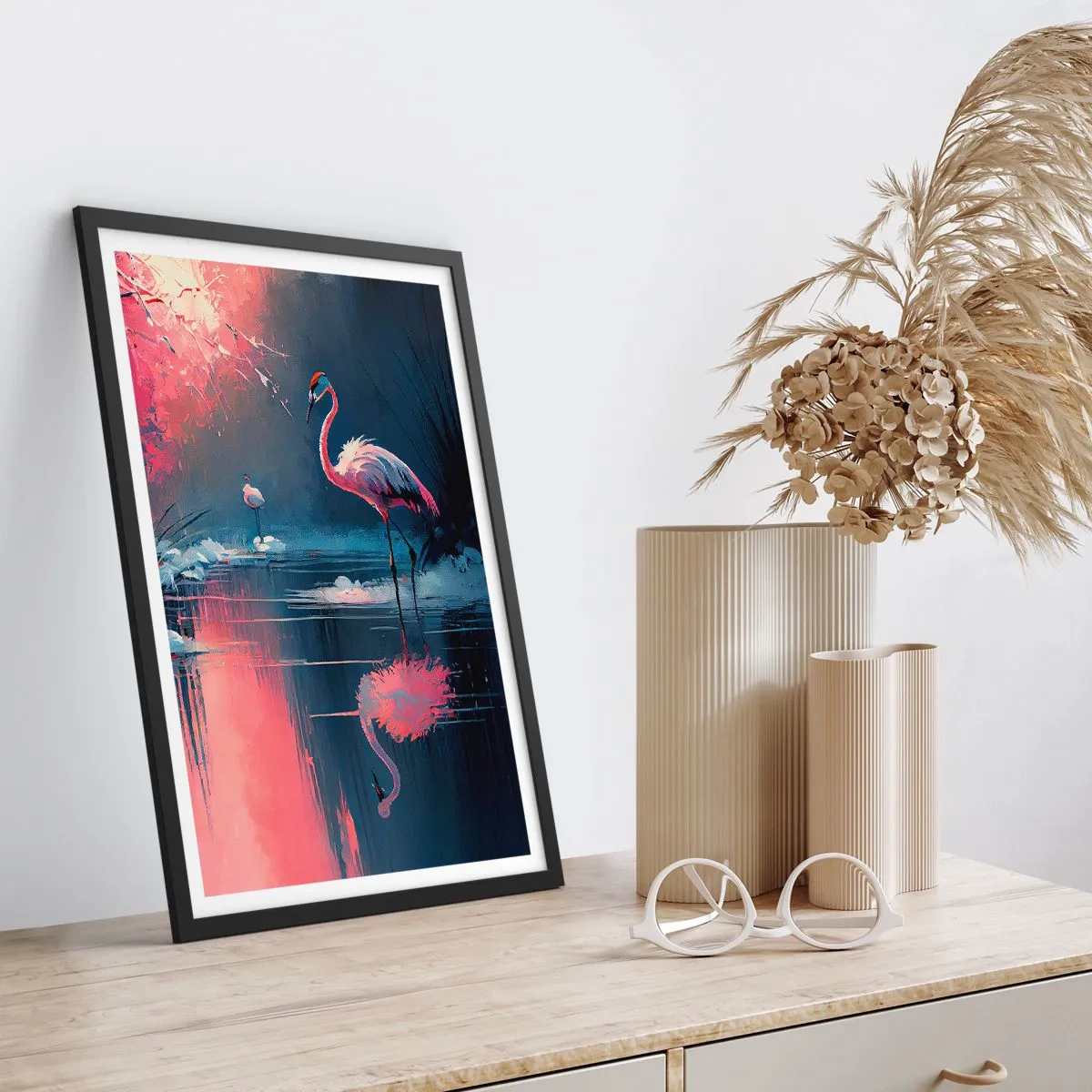 Affiche dans un cadre noir - Poster - Flamants roses sur un lac calme - 50x70cm - La retraite d'un oiseau - Décoration murale moderne pour le salon et la chambre ARTTOR