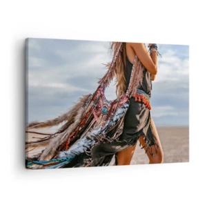 Impression sur toile - Image sur toile - Une femme dans un style bohème avec des détails de plumes et de bijoux - 70x50cm - La fille du chaman - Décoration murale moderne pour le salon et la chambre ARTTOR