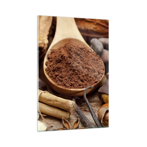 Impression sur verre - Image sur verre - Une cuillerée d'ingrédients à base de cacao et de chocolat dans un arrangement rustique - 80x120cm - La meilleure pour les chagrins - Décoration murale moderne pour le salon et la chambre ARTTOR