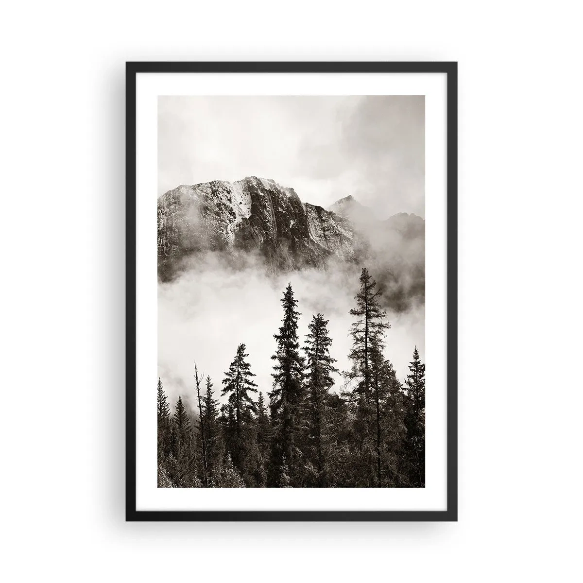 Affiche dans un cadre noir - Poster - Paysage de montagne avec des arbres et du brouillard - 50x70cm - Seigneur de granite - Décoration murale moderne pour le salon et la chambre ARTTOR