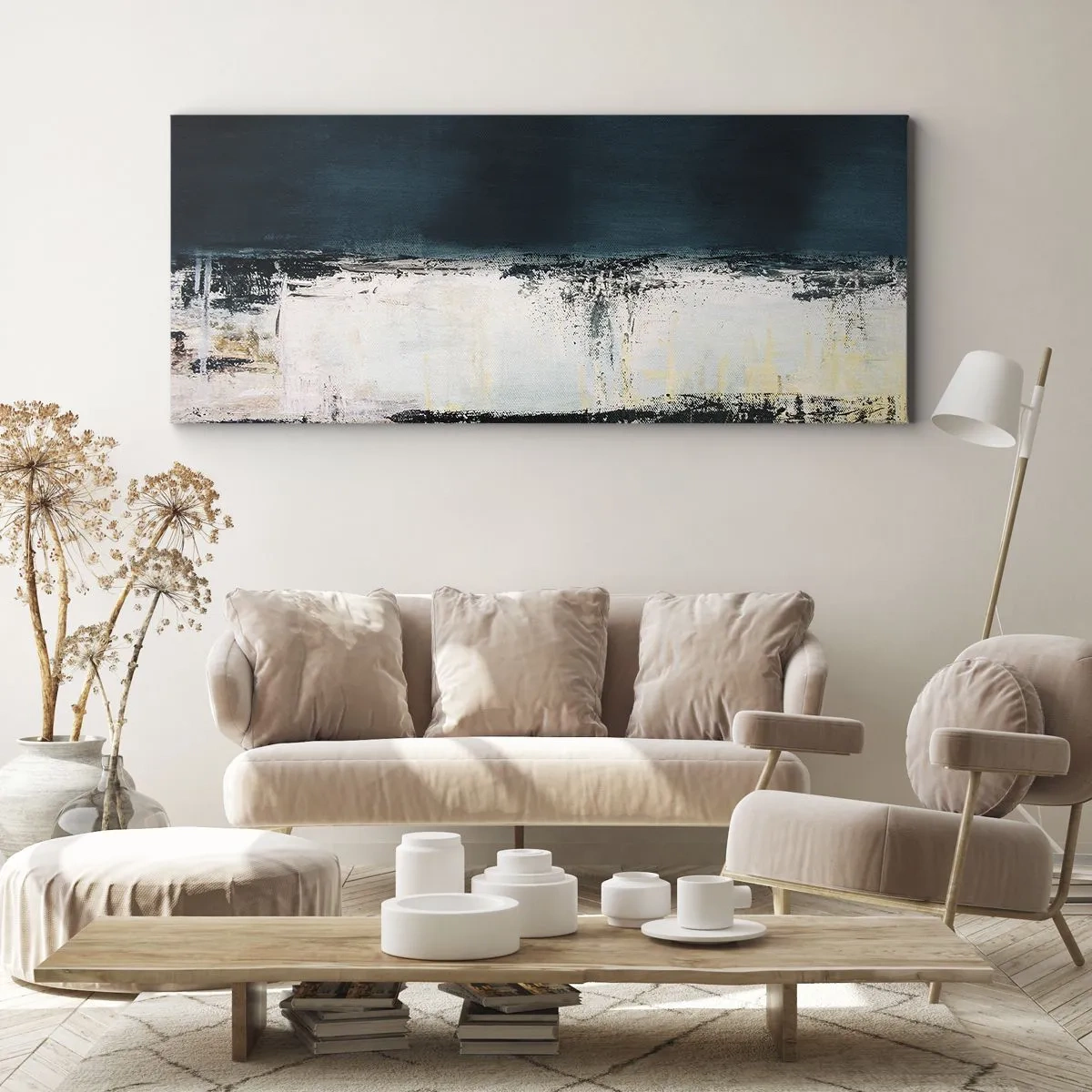 Impression sur toile - Image sur toile - Composition horizontale abstraite dans les tons bleu marine et blanc - 120x50cm - Composition horizontale - Décoration murale moderne pour le salon et la chambre ARTTOR