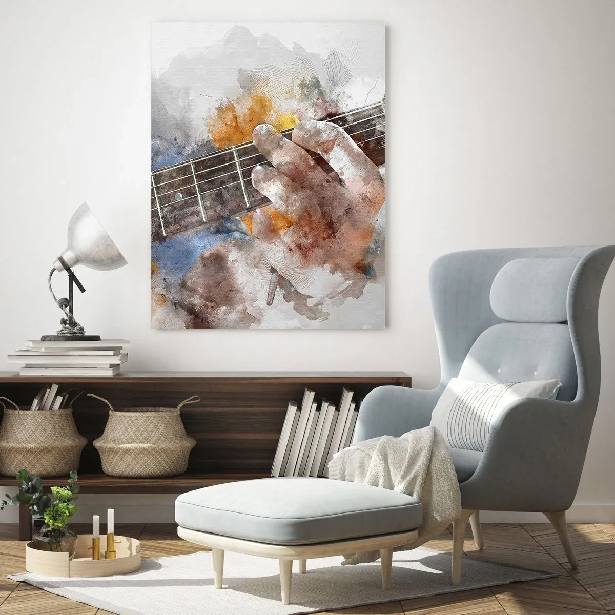 Impression sur verre - Image sur verre - Image abstraite d'une main jouant de la guitare - 70x100cm - La poésie entre les cordes - Décoration murale moderne pour le salon et la chambre ARTTOR