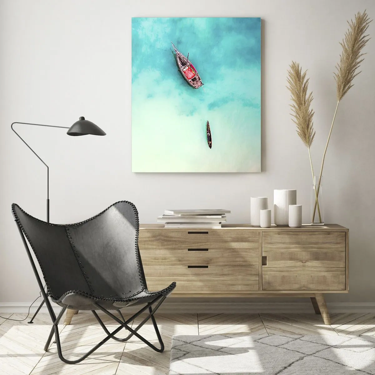 Impression sur verre - Image sur verre - Bateaux sur une eau azur dans un cadre paisible - 50x70cm - Car sur les plages de Zanzibar, quand il y a un débordement d'eau... - Décoration murale moderne pour le salon et la chambre ARTTOR