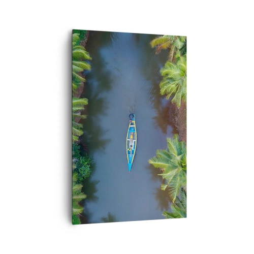 Impression sur toile - Image sur toile - Vue aérienne d'un bateau sur une rivière entourée de palmiers - 80x120cm - Sur un sentier tropical - Décoration murale moderne pour le salon et la chambre ARTTOR
