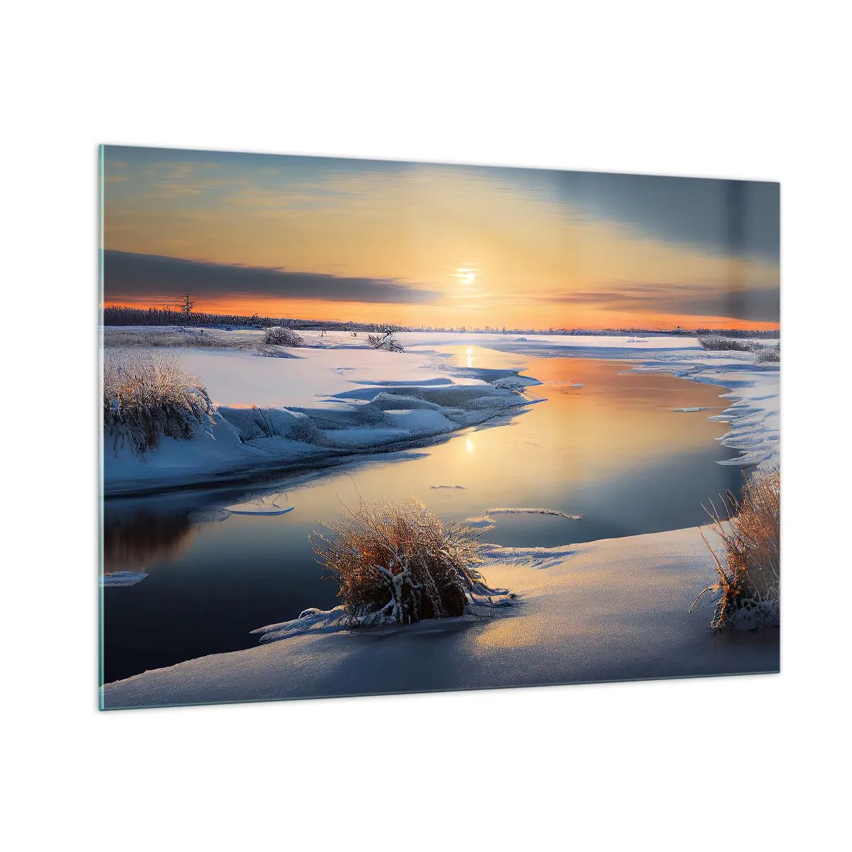 Impression sur verre - Image sur verre - Paysage d'hiver avec coucher de soleil sur une rivière gelée - 100x70cm - Coucher de soleil d'hiver - Décoration murale moderne pour le salon et la chambre ARTTOR