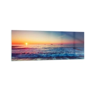 Impression sur verre - Image sur verre - Coucher de soleil sur une mer calme avec des vagues - 140x50cm - Mais quel horizon ? - Décoration murale moderne pour le salon et la chambre ARTTOR