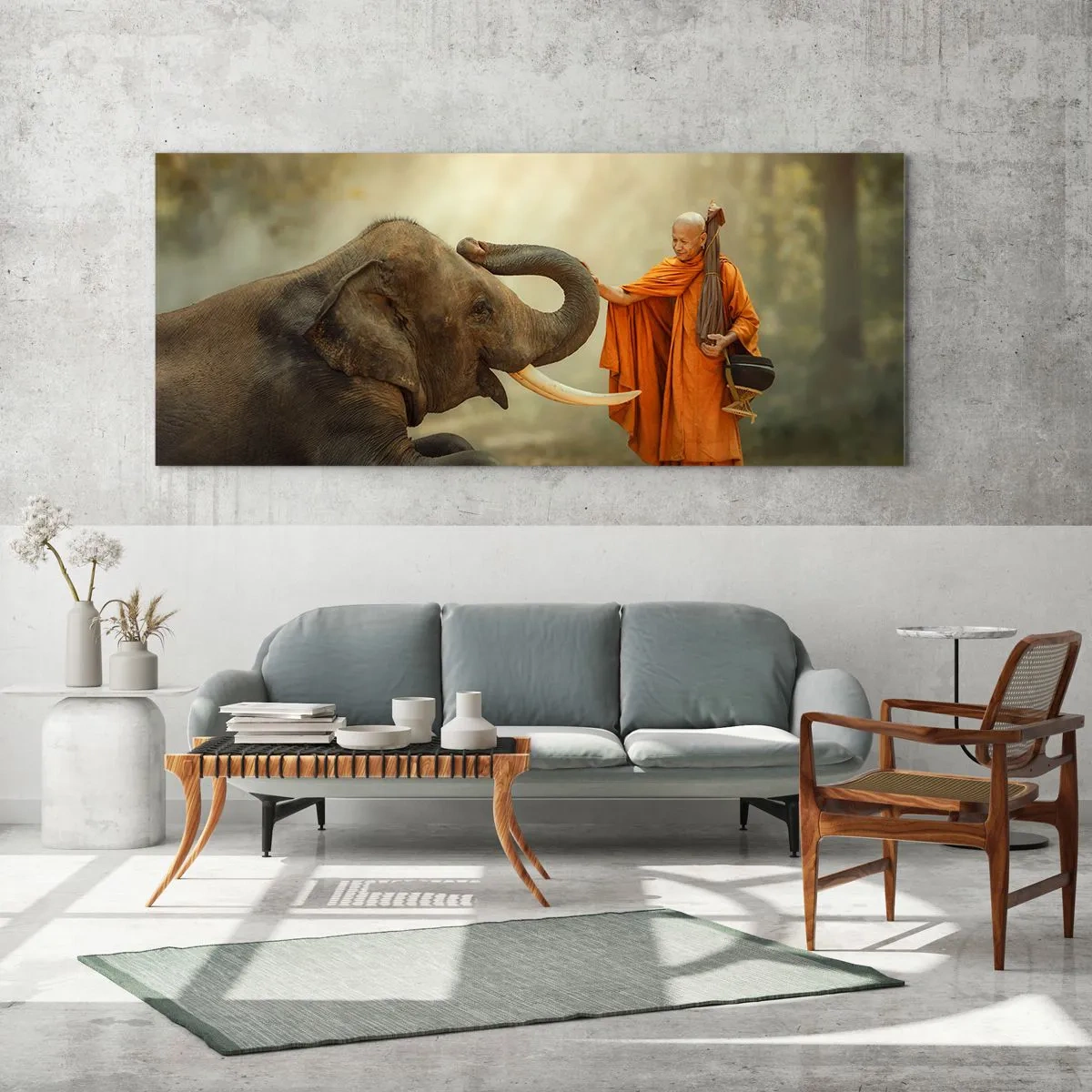 Impression sur verre - Image sur verre - Un moine et un éléphant en harmonie avec la nature en toile de fond - 160x50cm - Rencontre en voyageant - Décoration murale moderne pour le salon et la chambre ARTTOR