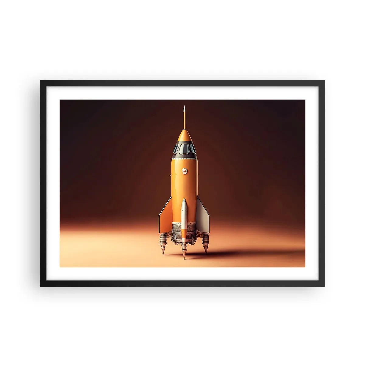 Affiche dans un cadre noir - Poster - Une fusée de style rétro sur un fond de tons marron - 70x50cm - Ça commence par un rêve - Décoration murale moderne pour le salon et la chambre ARTTOR
