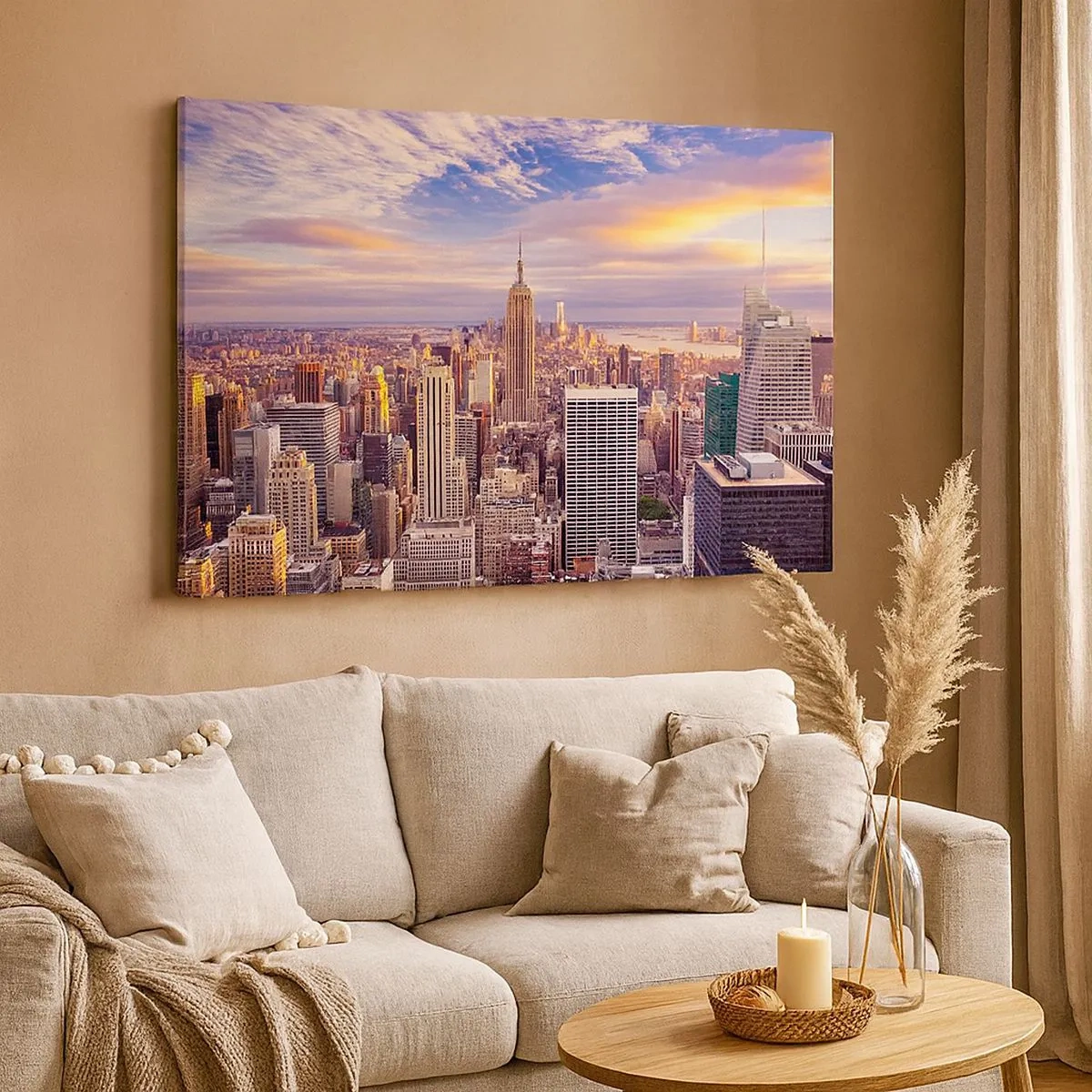 Impression sur toile - Image sur toile - Panorama d'une ville moderne avec des gratte-ciel au coucher du soleil - 70x50cm - Atteindre les nuages