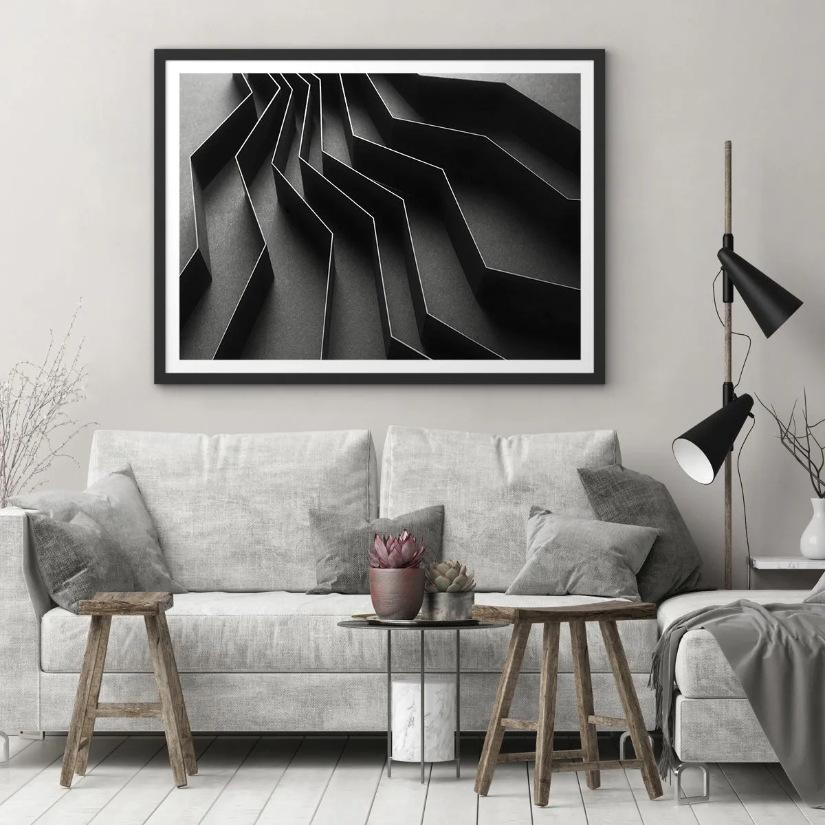 Affiche dans un cadre noir - Poster - Abstraction en noir et blanc avec des structures géométriques - 70x50cm - Ordre spatial - Décoration murale moderne pour le salon et la chambre ARTTOR
