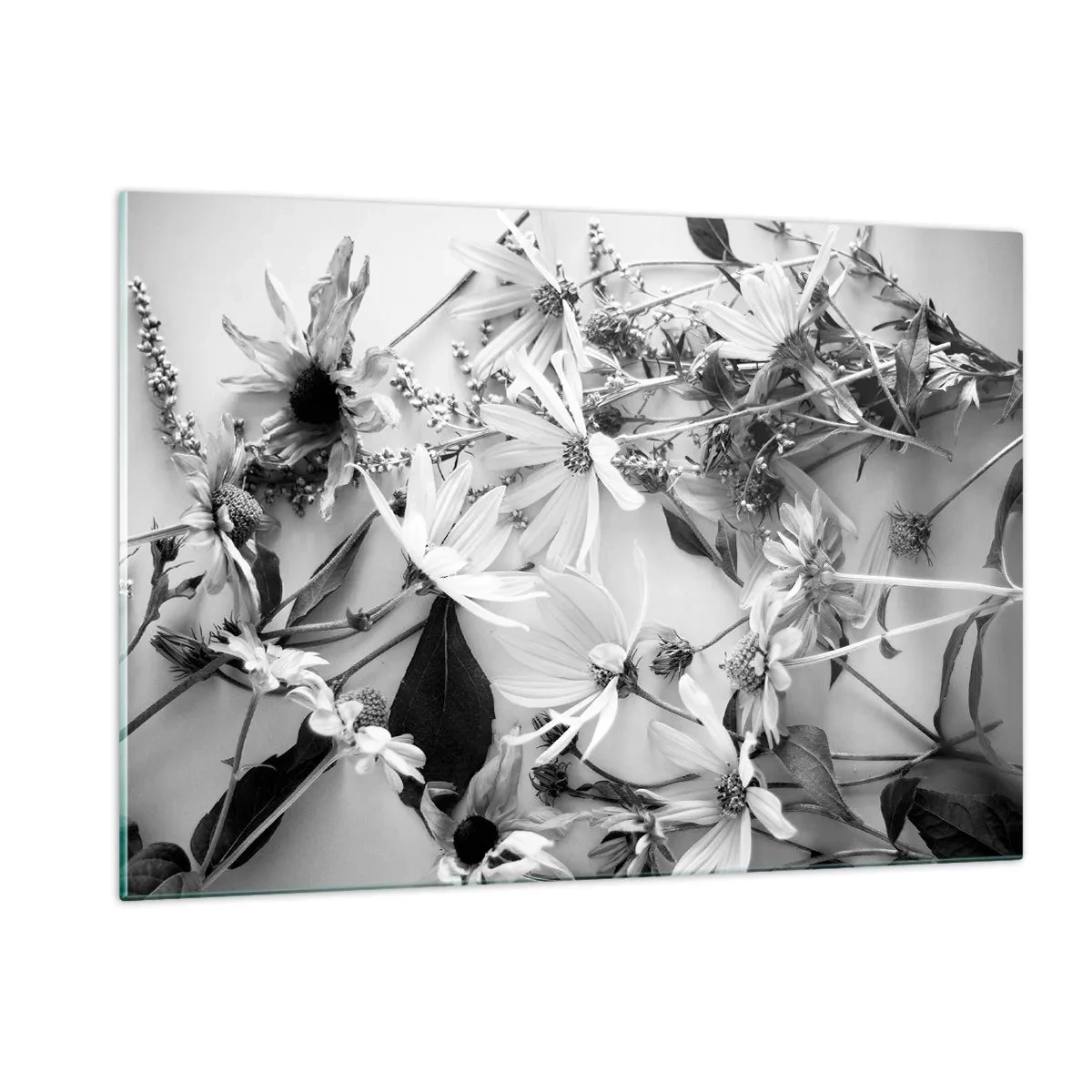 Impression sur verre - Image sur verre - Fleurs noires et blanches dispersées dans un arrangement artistique - 120x80cm - Non-un bouquet de fleurs - Décoration murale moderne pour le salon et la chambre ARTTOR
