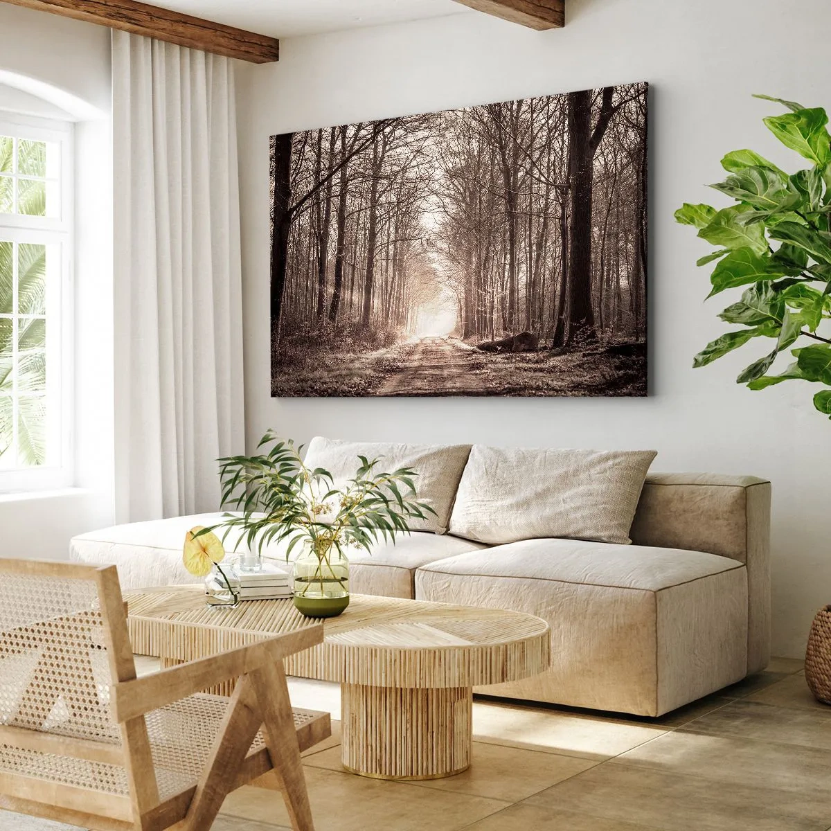 Impression sur toile - Image sur toile - Un chemin forestier parmi des arbres aux tons sépia - 120x80cm - Cathédrale de la forêt - Décoration murale moderne pour le salon et la chambre ARTTOR