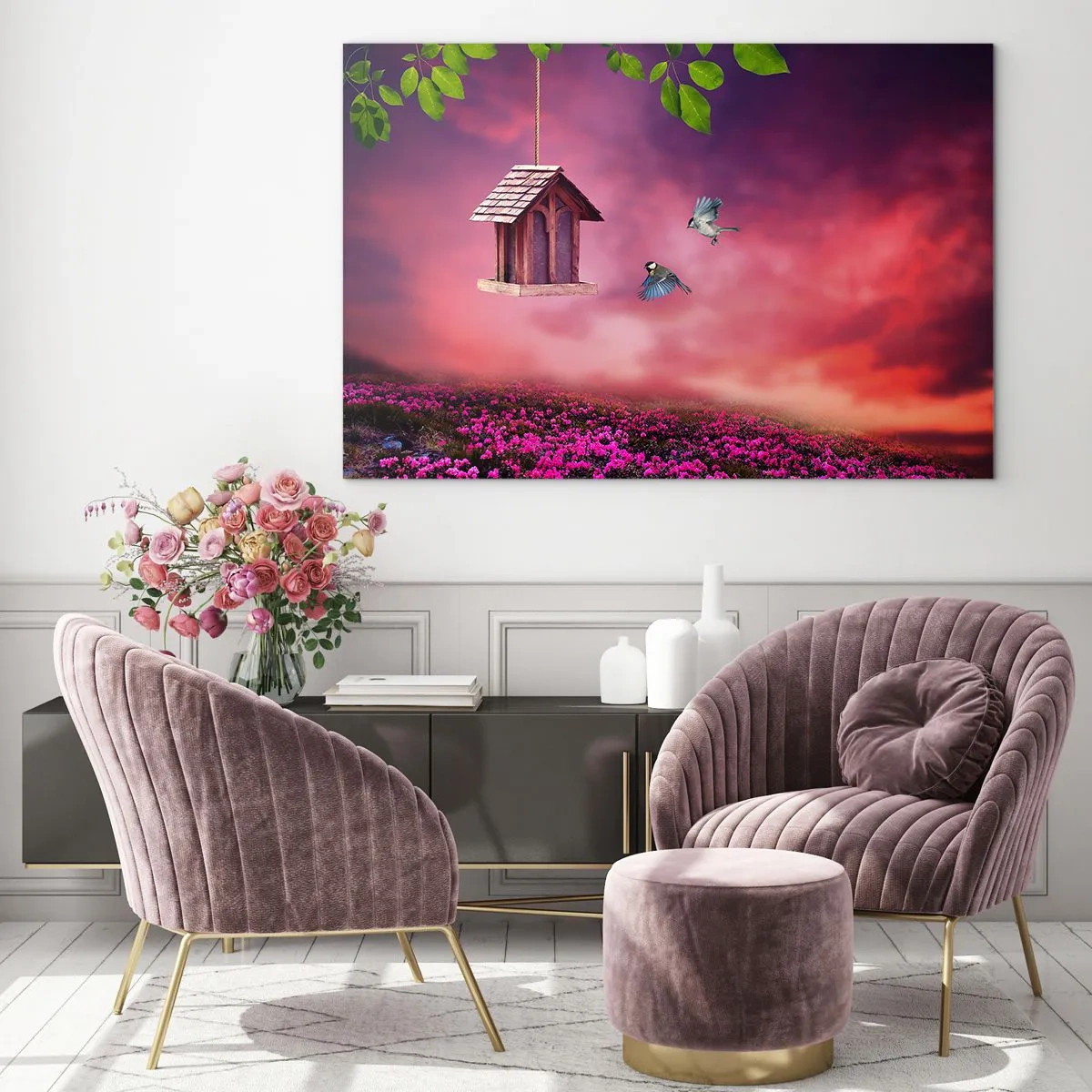 Impression sur verre - Image sur verre - Une mangeoire à oiseaux contre un ciel rose - 120x80cm - Invitation à dîner - Décoration murale moderne pour le salon et la chambre ARTTOR