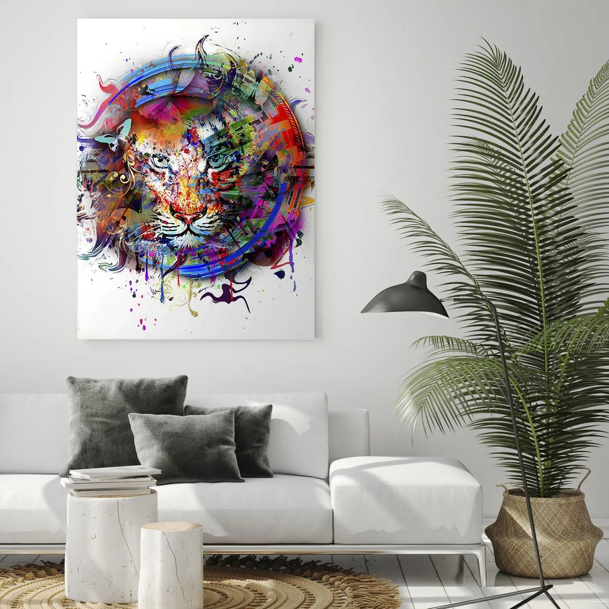 Impression sur verre - Image sur verre - Portrait coloré d'un lion dans un style artistique avec des accents abstraits - 50x70cm - Il se cache derrière un voile arc-en-ciel - Décoration murale moderne pour le salon et la chambre ARTTOR