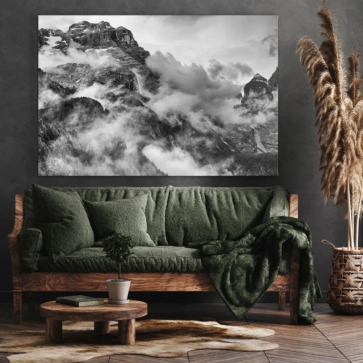 Impression sur toile - Image sur toile - Vue en noir et blanc de montagnes entourées de nuages - 100x70cm - Belle et cruelle - Décoration murale moderne pour le salon et la chambre ARTTOR