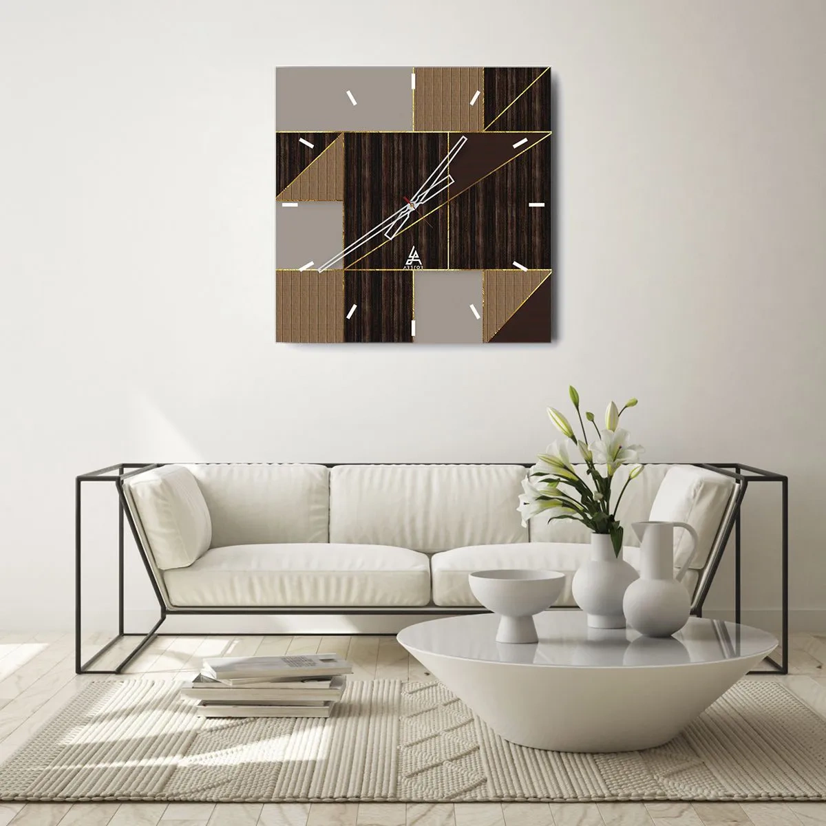 Horloge murale - Pendule murale - Motifs géométriques dans les tons de marron avec des lignes dorées - 30x30cm - Mozaique de bronze et d'or - Décoration murale moderne pour le salon et la chambre ARTTOR