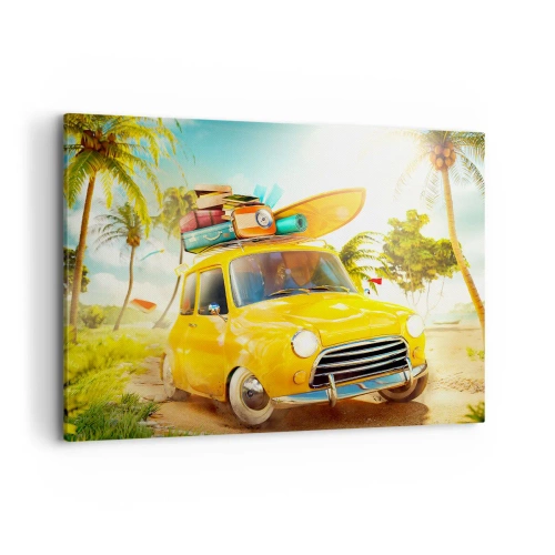 Impression sur toile - Image sur toile - Une voiture jaune avec des bagages dans un paysage tropical - 120x80cm - Un voyage pour plus d'un sourire - Décoration murale moderne pour le salon et la chambre ARTTOR