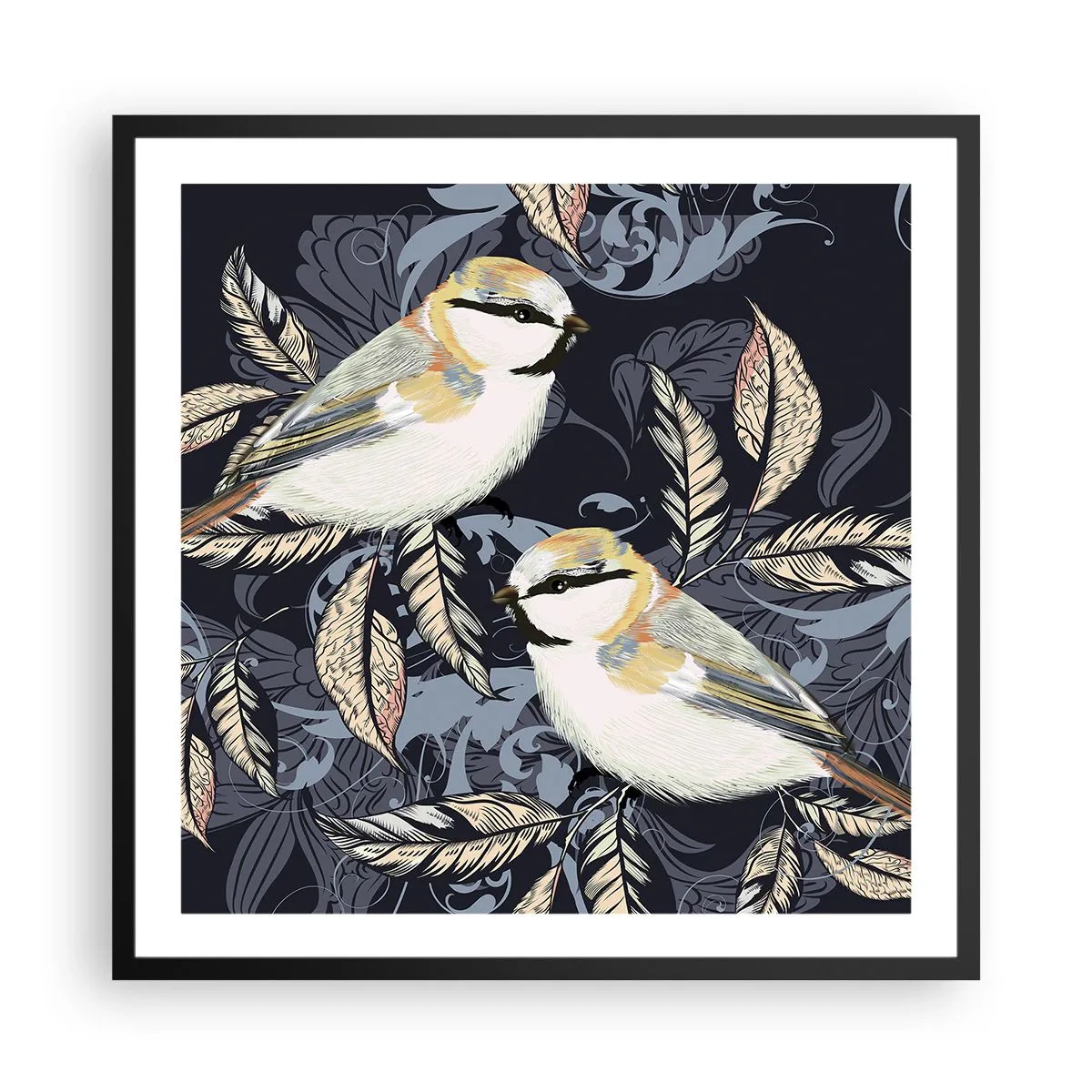 Affiche dans un cadre noir - Poster - Babillement jaune et bleu - 60x60 cm