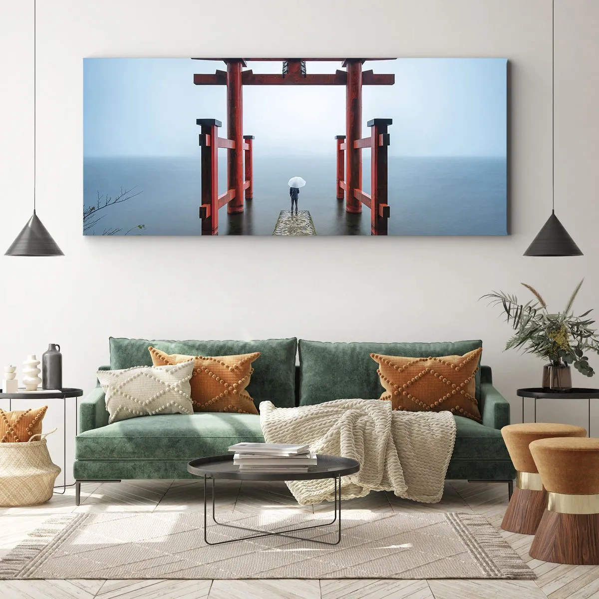 Impression sur toile - Image sur toile - Un portail torii surplombant un lac tranquille au Japon - 120x50cm - Rêverie japonnaise - Décoration murale moderne pour le salon et la chambre ARTTOR