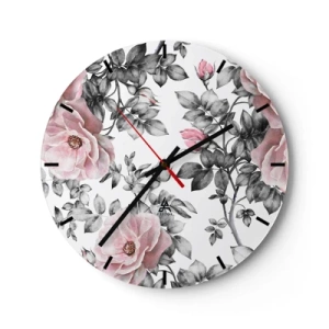 Horloge murale - Pendule murale - Roses roses avec des feuilles noires et blanches - 30x30cm - Se perdre dans les fleurs des roses - Décoration murale moderne pour le salon, la cuisine et la chambre ARTTOR