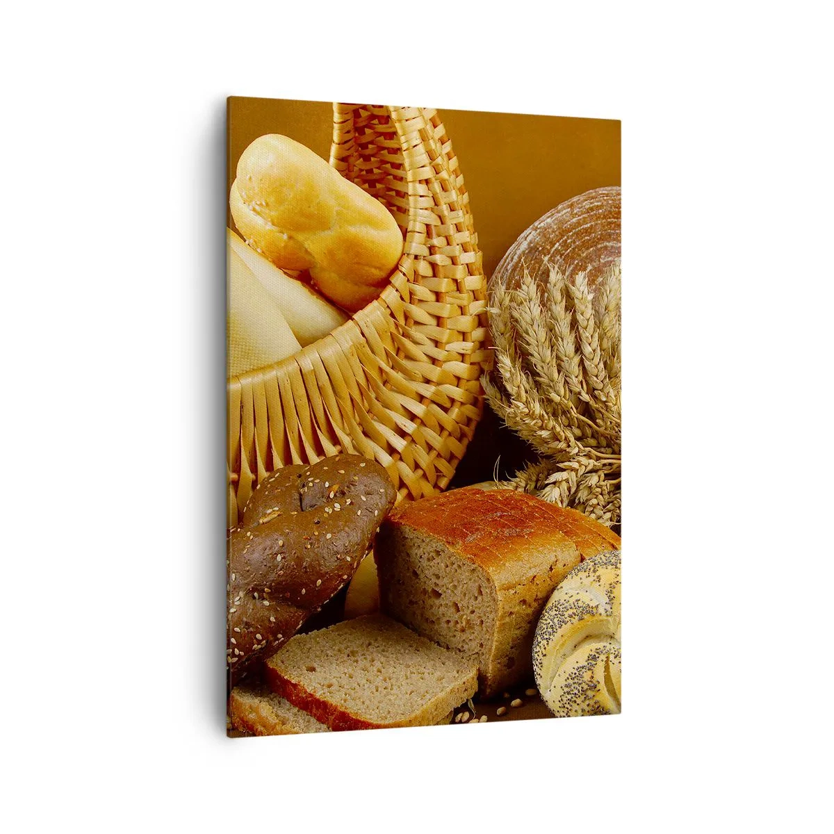 Impression sur toile - Image sur toile - Différents pains dans un panier en osier sur fond doré - 70x100cm - On s'en est encore sorti - Décoration murale moderne pour le salon et la chambre ARTTOR