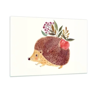 Impression sur verre - Image sur verre - Un hérisson de dessin animé avec une pomme et des brindilles sur le dos - 120x80cm - Et tu m’apprécies déjà - Décoration murale moderne pour le salon et la chambre ARTTOR