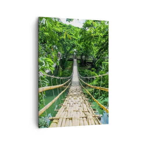 Impression sur toile - Image sur toile - Un pont suspendu en bambou entouré de verdure - 50x70cm - Pont de singe en pleine nature - Décoration murale moderne pour le salon et la chambre ARTTOR