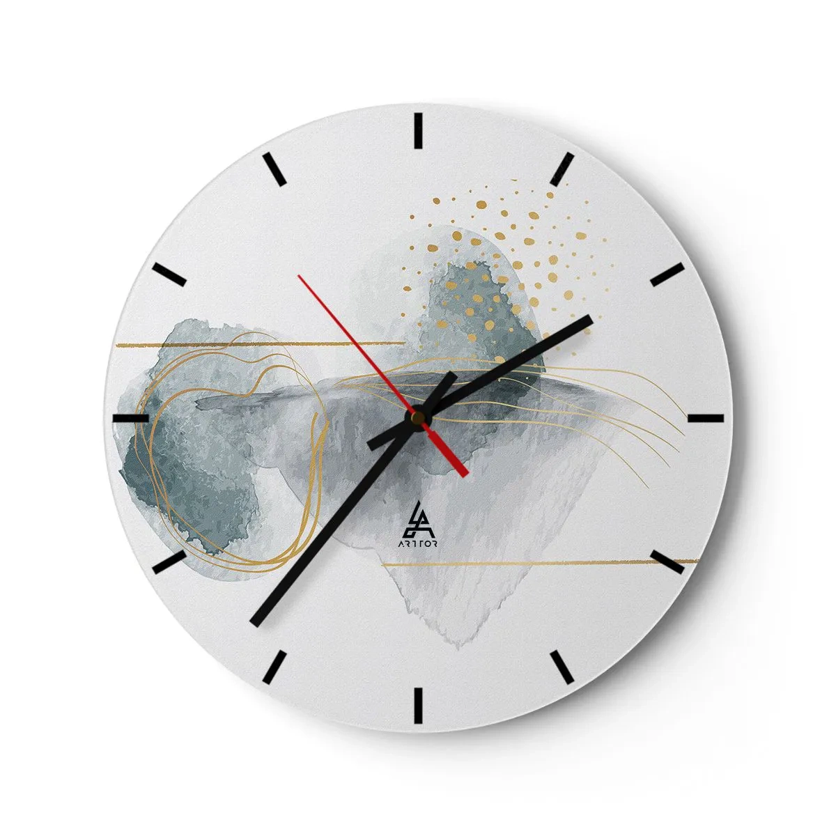 Horloge murale - Pendule murale - Formes abstraites pastel avec des lignes et des points dorés sur fond blanc. - 30x30cm - À propos de la relation entre le gris et l'or - Décoration murale moderne pour le salon, la cuisine et la chambre ARTTOR