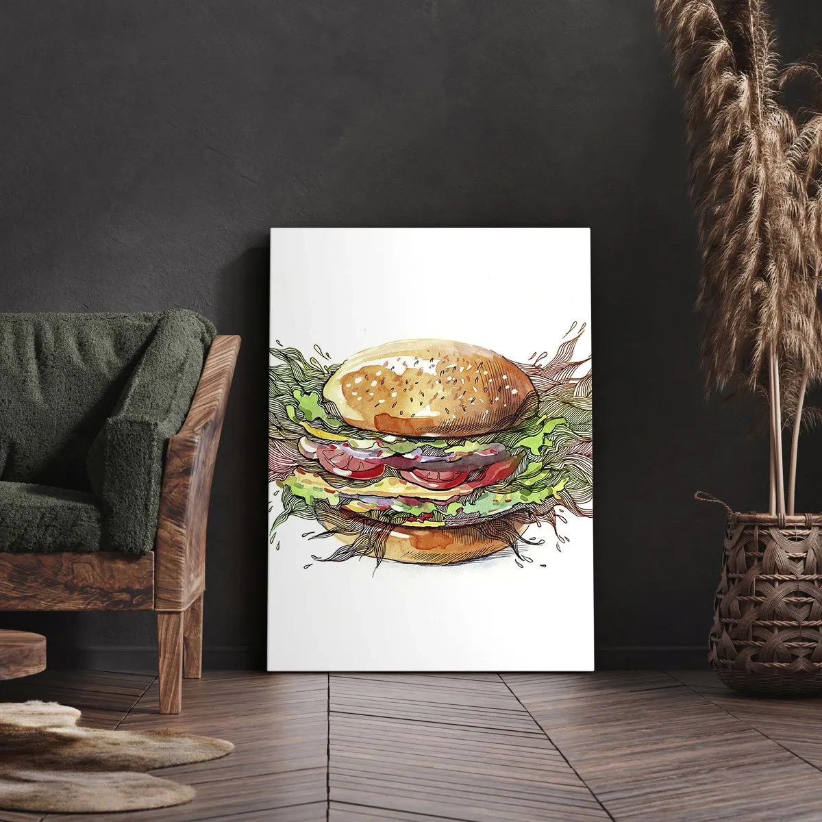 Impression sur toile - Image sur toile - Illustration artistique d'un burger avec des éléments dynamiques - 80x120cm - Tentation chaude - Décoration murale moderne pour le salon et la chambre ARTTOR