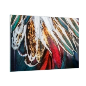 Impression sur verre - Image sur verre - Plumes colorées dans une riche palette de couleurs avec une texture distincte - 100x70cm - Secrets de vol - Décoration murale moderne pour le salon et la chambre ARTTOR