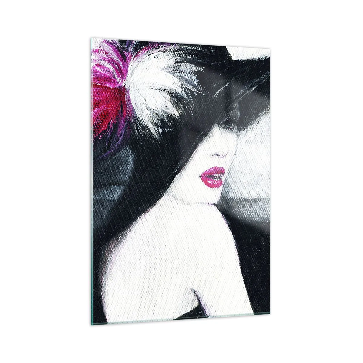 Impression sur verre - Image sur verre - Portrait d'une femme portant un grand chapeau à plumes roses - 50x70cm - Toujours un secret - Décoration murale moderne pour le salon et la chambre ARTTOR