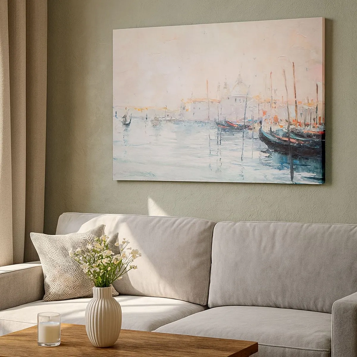 Impression sur toile - Image sur toile - Vue pittoresque des canaux avec des bateaux aux couleurs pastel - 70x50cm - Derrière l'eau, derrière le brouillard - Décoration murale moderne pour le salon et la chambre ARTTOR